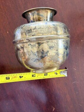 Antique Brass Vase With Aged Patina - 5" Tall 4.5" Wide - Rustic Vintage Decor